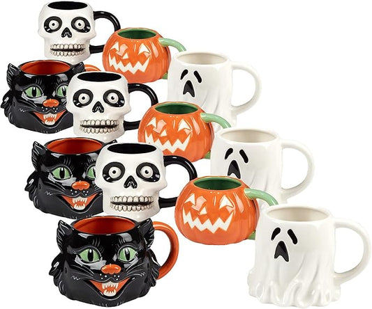 Scaredy Cat 3-D Ceramic Halloween Mugs,Set of 4 – Add spooky fun to your fall mornings with ghost, pumpkin, skull, and black cat designs, perfect for coffee, cocoa, or festive party drinks(Pack of 3)