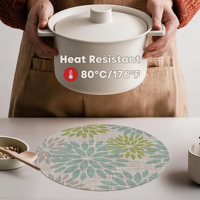 Artoid Mode Light Green Dahlia Plastic Round Placemats Set of 4, 14 Inch Seasonal Wipeable Woven Vinyl Table Mats for Farmhouse Party Kitchen Dining Decor