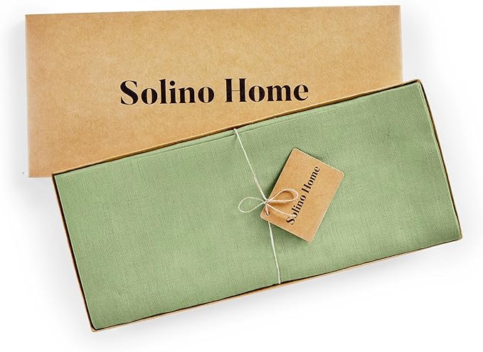 Solino Home Linen Laurel Green Table Runner 132 Inches Long - 100% Pure Linen Extra Long Table Runner 14 x 132 Inch for Spring, Summer - Fete