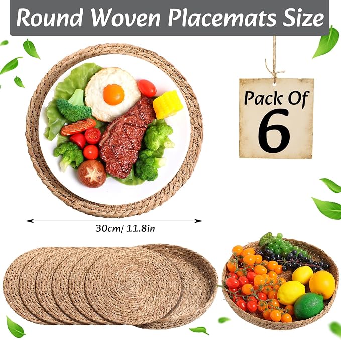 Boho Placemats 4/6/8 Set of Round Woven Placemat Macrame Style Bicolor Stitching Long Table Runner Farmhouse Rustic Natural Burlap Cotton for Kitchen Dining Table (6 Sets,Gray,12x72)
