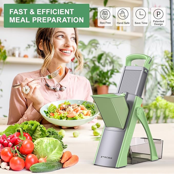 [All in 1] Upgraded Version Safe Mandoline Slicer for Kitchen, Adjustable Thickness. Veggie Slicer, Rapid Prep Mandoline, Detachable Blade, Cleaning Brush (Green)