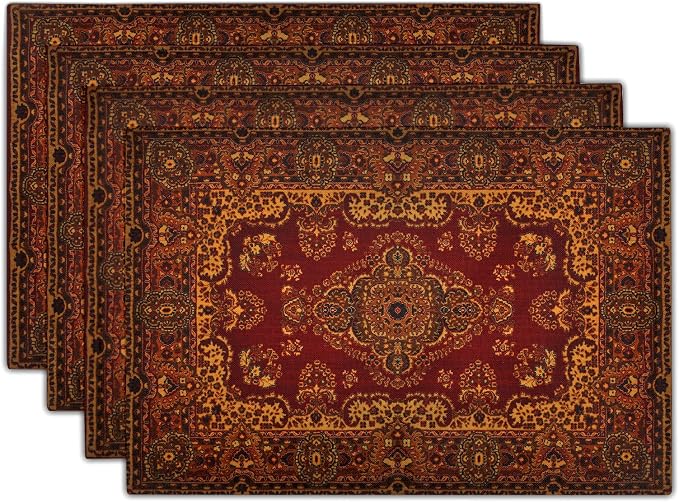 Red Gold Boho Placemats Set of 4 Bohemian Vintage Retro Rug Carpet Linen Washable Kitchen Dining Table Mats Stain Heat-Resistant Desktop Decor Place Mats for Home Party Indoor 12x18 in