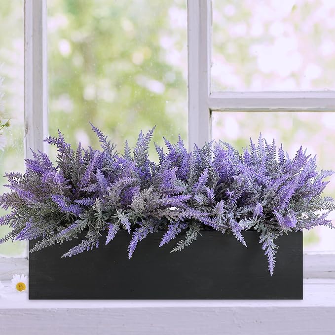 Winlyn 14" Artificial Lavender Arrangement Faux Lavender Flowers in Rustic Black Wooden Planter Box Realistic Lavender Potted Plant for Gift Farmhouse Home Wedding Table Centerpiece Mantel Shelf Décor