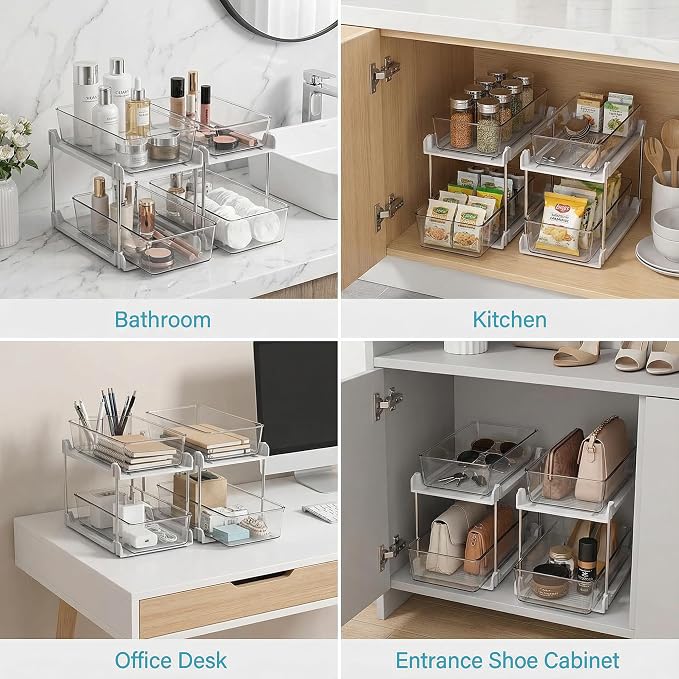 2 Pack Bathroom Organizer,2 Tier White Under Sink Organizers Vanity Countertop Storage Container,Cabinet Drawers Bins, Pull-Out Organization with Track for Pantry, Kitchen