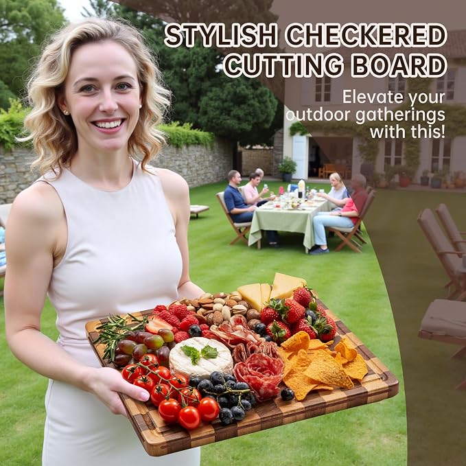 Wooden Cutting Board Set, Checkered Cutting Boards for Kitchen 3PCS, Walnut Chopping Board with Juice Grooves & Handles, Upgraded Decorative Serving Tray for Meat Vegetable Fruit, with Gift Box
