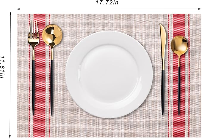 CADONO Placemats Set of 6 Washable Indoor/Outdoor Vinyl Place Mats for Dining Table Durable Non-Slip Heat Resistant PVC Weave Table Mats（Stripes-Red）