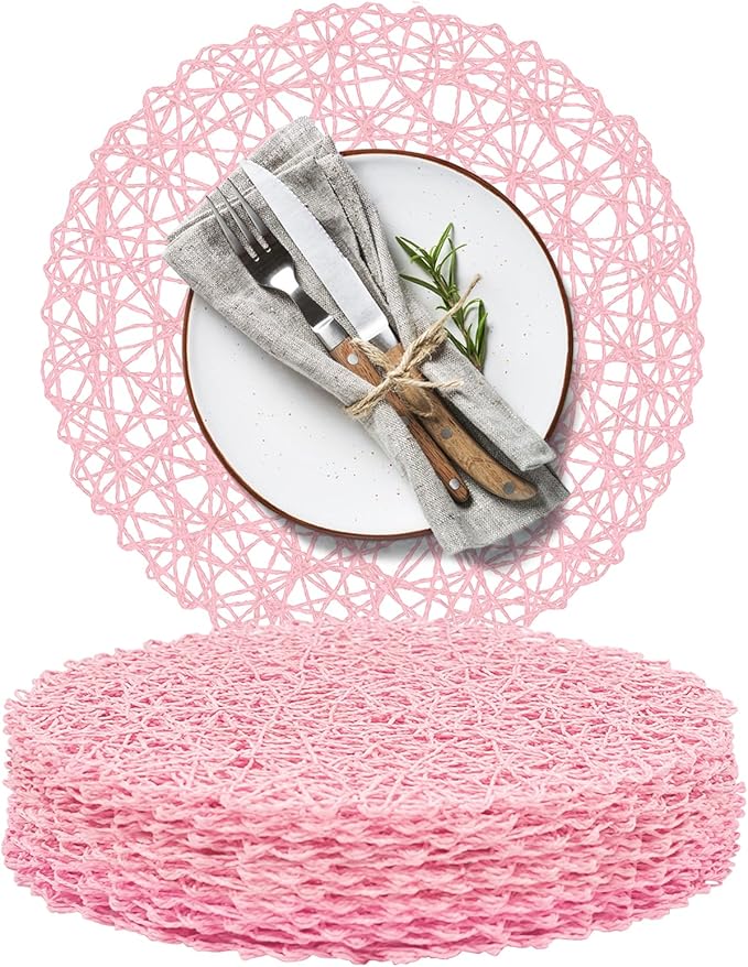 AHHFSMEI Paper Braided Round Placemats Set of 12 Natural Non-Slip Heat Resistant Table Mats for Dining Tables Woven Indoor Outdoor Place mats(Pink)