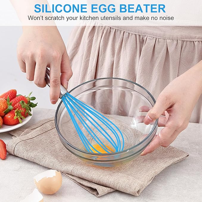 NileHome Whisk Commercial Stainless Steel wisk & Silicone Non-Stick Coated Small Whisk Set 8" 10" 12" Kitchen Wisk Wire Whisks for Cooking 3 Pack, Bule