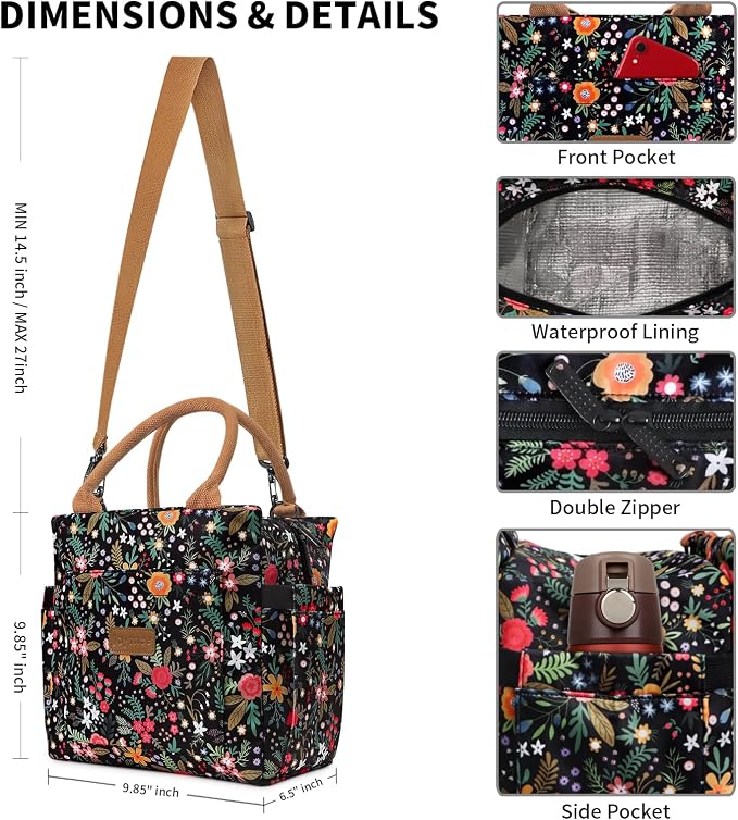 Joymee Lunch Bag Women Leakproof Insulated Floral - Multi-Floral | Large Capacity, Bottle Holder & Side Pockets, Leakproof Insulated Design, for Work, Travel, Picnic & Daily Use, for Adult