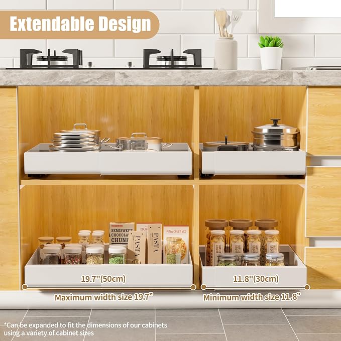 Pull Out Cabinet Organizer, Width Expandable (11.7"-19.7") Heavy Duty Slide Out Drawers Fixed with Adhesive Nano Film for Pots, Roll Out Shelf Storage For Kitchen,Pantry,Garage,Bathroom Storage