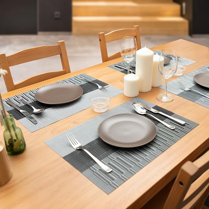 Winknowl Placemats Set of 8, Heat Resistant Non-Slip Vinyl Woven Table Mats for Dining Table, Washable Durable Elegant Place Mats for Kitchen Indoor/Outdoor Use (Black)