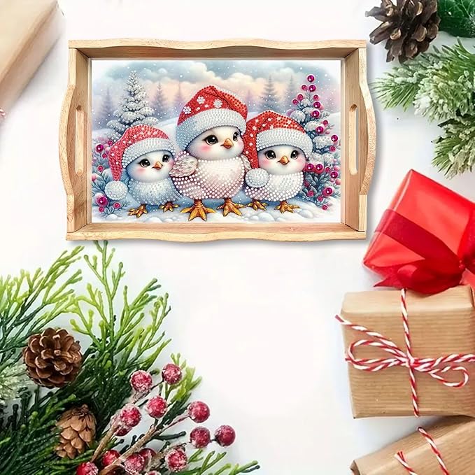 DIY Diamond Serving Tray Diamond Art Painting Creative Design Handmade Wooden Tray Dinner Plate for Coffee Breakfast Home Organizer-Christmas Bird