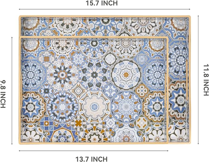AGIOTA 2 Pcs Serving Tray with Handles Bohemian Decorative Tray Large Ottoman Trays for Living Room Blue Coffee Table Trays for Breakfast