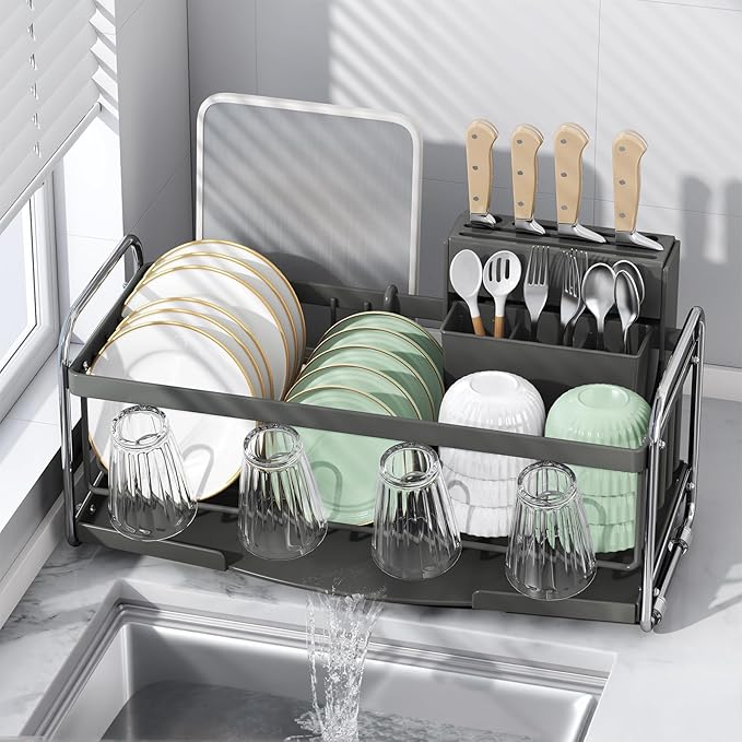 Compact Small Dish Drying Racks for Kitchen Counter - Narrow Metal Dish Drainer Rack with Utensil Holder, Space-Saving Plate Organizer for Sink Storage, Apartment & RV (Grey)