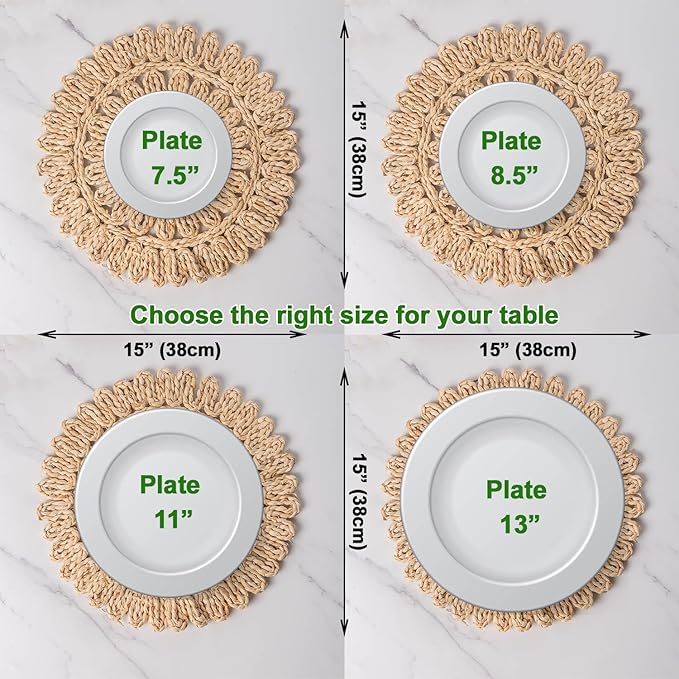 Laquedecraft 15" Set of 6 Round Corn Husk Placemats | Boho Woven Rattan Table Mats | Farmhouse Wicker Spring Plate Chargers Like Water Hyacinth, Seagrass for Wedding, Party, Christmas, Events