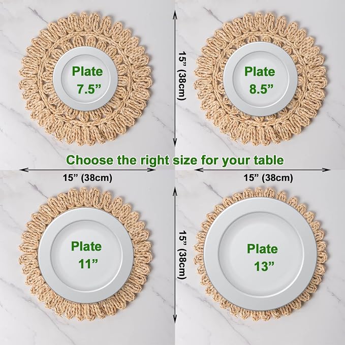 Laquedecraft 15" Set of 4 Round Corn Husk Placemats | Boho Woven Rattan Table Mats | Farmhouse Wicker Spring Plate Chargers Like Water Hyacinth, Seagrass for Wedding, Party, Christmas, Events