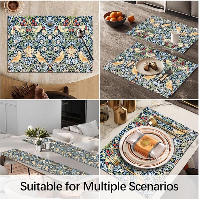 Vintage Strawberry Bird Placemats Set of 6 William Morris Floral Washable Heat Resistant Place Mats for Dining Table Boho Rustic Nature Botanical Linen Woven Wipeable Kitchen Table Mats Blue