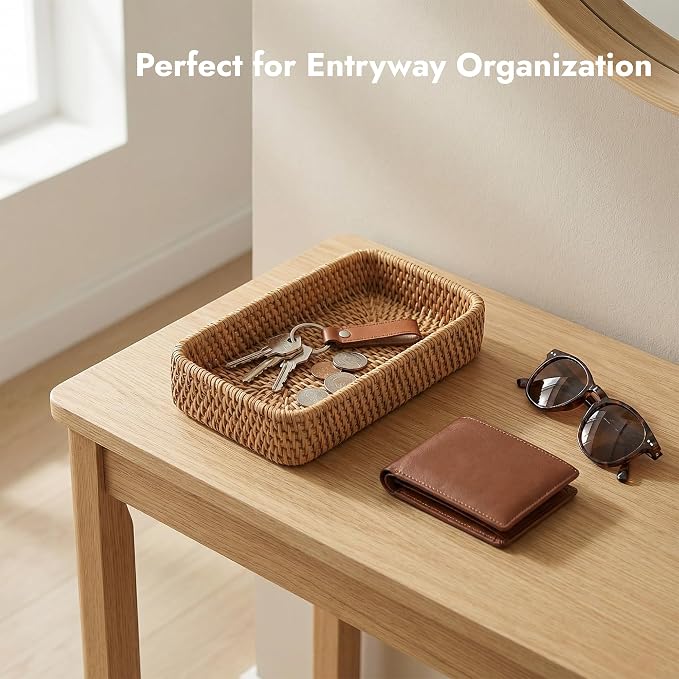 8.3" x 4.3" Small Natural Rattan Storage Tray, Decorative Handwoven Wicker Organizer Keys Tray Catchall, Shallow Rectangular Tray for Snack, Accessories Bathroom & Vanity, Entryway (XS)
