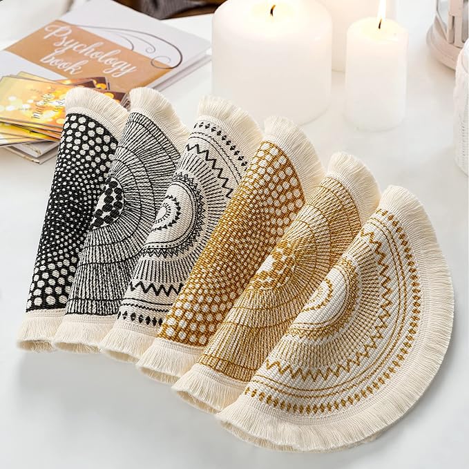 LOMOHOO Set of 6 Round Placemats 13 Inch Fall Table Mats Boho Cotton Woven Mandala Tassels Heat Proof Washable Circle Place Mat for Kitchen Dining Wedding Farmhouse Home Decoration
