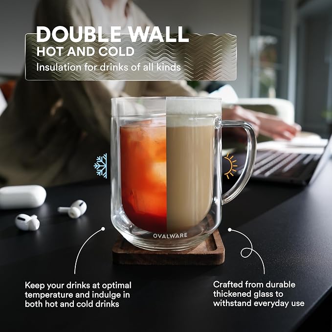 ovalware 500ml Double Wall Glass Coffee Mugs, Single Lip Mugs Made of Durable Borosilicate Glass, Insulated Coffee Mug with Handle for Hot and Cold Drinks - Clear