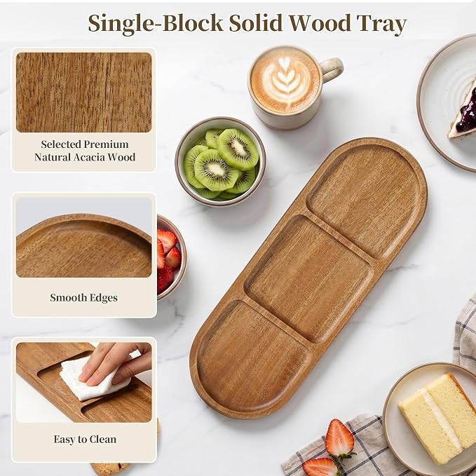 Small Wooden Tray | Acacia Wood Tray for Vanity, Bathroom Counter, Coffee Table & Toilet | Perfect for Jewelry, Key & Catch All | Mini Charcuterie Board Serving Platter (Oval 3-Compartment)