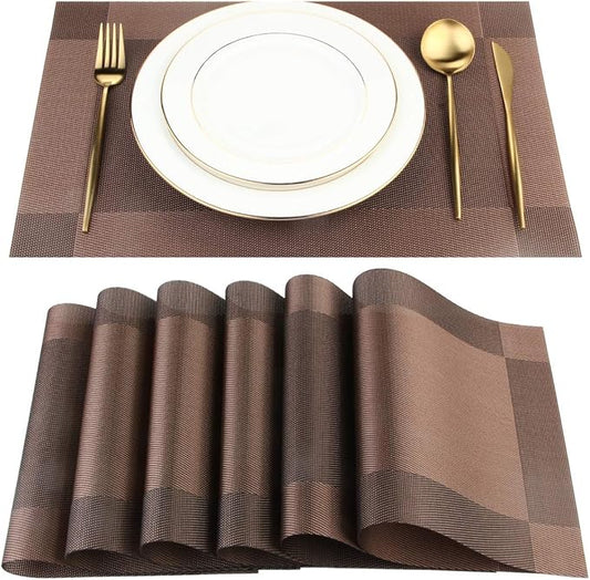 DACHUI Placemats, Heat-Resistant Placemats Stain Resistant Anti-Skid Washable PVC Table Mats Woven Vinyl Place mats (6pcs, Brown-Cross)