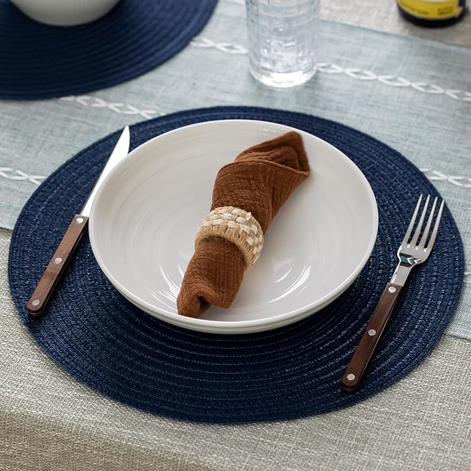 Round Placemats Set of 8 Woven Placemats Washable Braided Table Mats for Dining Table Heat Resistant Non-Slip Circle Place Mats(Navy Blue)