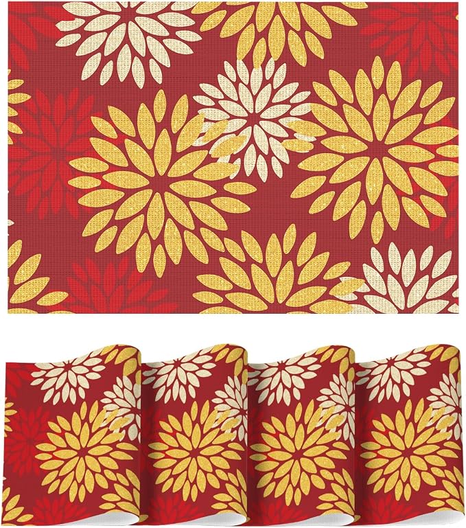 Artoid Mode Floral Vinyl Placemats Set of 4, 12x18 Inch New Year Washable Non-Slip Plastic Vinyl Place Mats for Party Kitchen Dining Decor, Red