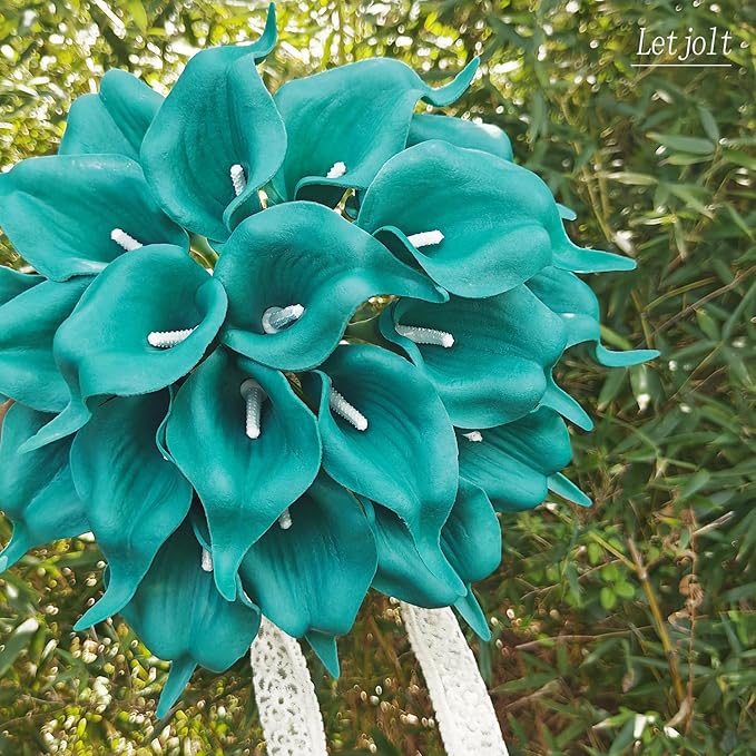 Letjolt Teal Calla Lily 20Pcs Artificial Flowers Bouquet for Wedding Bride Shower Blessing Gift Home Decoration Faux Calla Lilies Flower, 20 Pieces