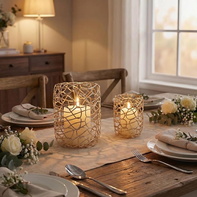Nest Decorative Lanterns for 2'' & 3'' Pillar Candles, Gold Candle Holders Set of 2, Modern Metal Candleholder Stand for Fireplace Mantel Decor & Table Centerpieces for Christmas