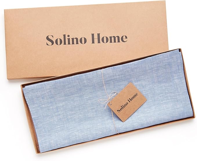 Solino Home Linen Table Runner 48 Inches - 100% Pure Linen Chambray Blue Table Runner 14 x 48 Inch Ideal for Dresser and Coffee Tables - Athena - Spring, Summer