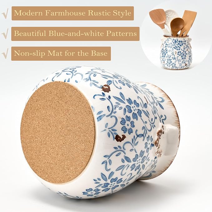 Utensil Holder for Kitchen Counter, Modern Farmhouse Rustic Cooking Utensil Holder and Crock, Exquisite Chinoiserie Floral Ceramic Utensil Organizer for Home Kitchen Decor- Blue and White Porcelain