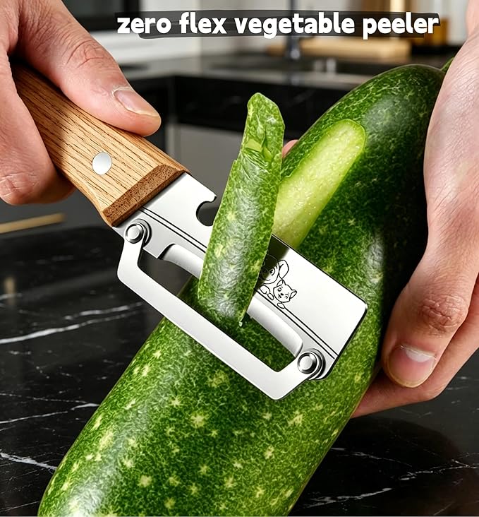 Maxjoy Multifunctional Vegetable Peeler, Zero Flex & Zero Snag, Stainless Steel with Wooden Handle, 2 in 1 Peeler with Bottle Opener for Potato Apple Carrot Fruit