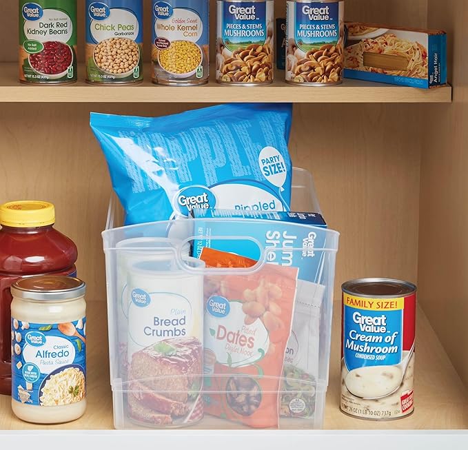 Clear Plastic Open-Top Storage Bins with Handles, 2-Pack Stackable Pantry Organizer Baskets for Kitchen, Bathroom, Closet & Cabinet Organization