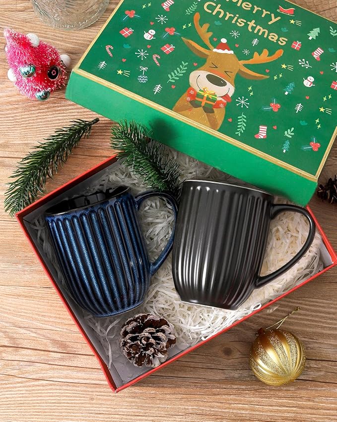 HASENSE 20 Oz Ceramic Coffee Mug with Handle, Large Black & Navy Blue Porcelain Latte Cup for Coffee, Tea, Hot Cocoa, Ribbed Tea Mug Set of 2, Microwave & Dishwasher Safe, Birthday Gifts for Women