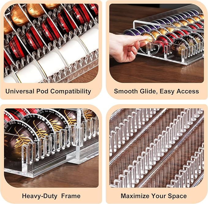 BLACKSMITH FAMILY Coffee Pod Drawer Organizer for Nespresso Vertuo Pods,Acrylic Coffee Pod Holder Holds 40 Large or 60 Small Capsules,Pull-Out Drawer with Anti-Slip Base for Countertop（Crystal-Clear)
