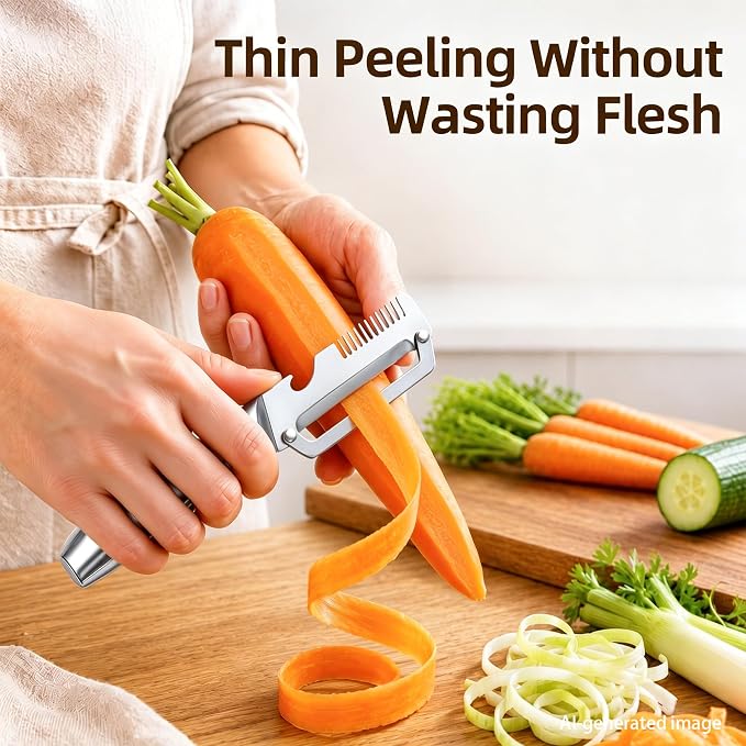Aysoner Kitchen Multifunctional Vegetable Peeler: 3-in-1 Fast Food Prepare | 2pcs Peels in Seconds with Shredder Bottle Opener - Full Stainless Steel Dishwasher Safe - Comfy Non-slip Grip for Home Chef