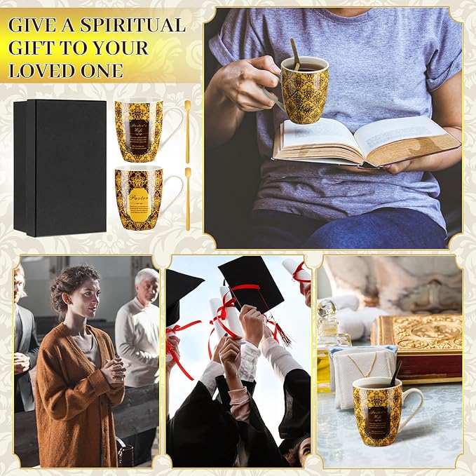 Shellwei 2 Sets Pastor and Wife Appreciation Gifts Stoneware Coffee Mugs with Gift Box Golden Coffee Spoons Pastor Gifts for Men Women Thanksgiving Christmas Christian Present(Classic)