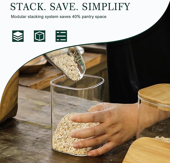 LIBWYS 4-Pack Glass Pantry Storage Containers with Bamboo Lids1.22Qt - Stackable Square Food Jars for Pantry Organization, Coffee, Flour, Snacks, Tea | Kitchen Canisters Set
