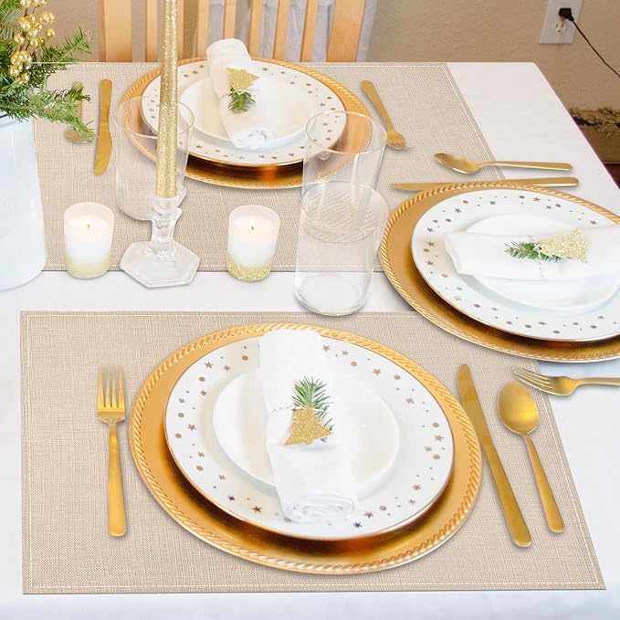 Niviy Beige White Placemats Set of 4, 12x18 Inch Washable Easy to Clean Heat-Resistant Anti-Skid Beige Placemats for Holiday Party Kitchen Dining Room Decoration