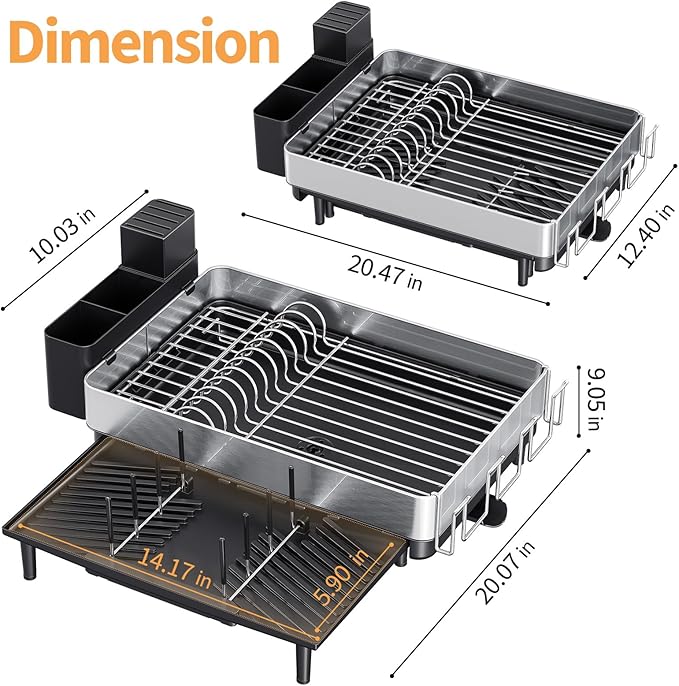 Urackify Large Dish Drying Rack, 304 Stainless Steel Dish Rack for Kitchen Counter, Expandable Dish Drainer with Cutlery Holder, Multifunctional Space Saving Organizer, Black