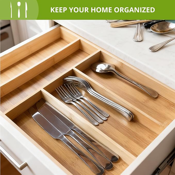 Premium Bamboo Kitchen Drawer Organizer, Perfect for Storing Cutlery, Silverware, and Gadgets, Suitable for Kitchens, Living Rooms, and Bedrooms, 5-7 Compartments, 13 to 19.6 Inches Wide