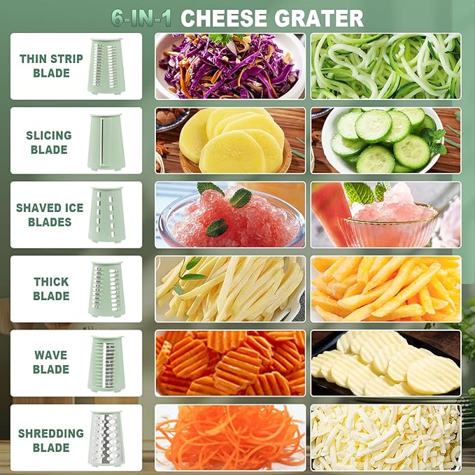 2025 Upgrade 6-In-1 Cheese Grater【 Military-Grade SUS304 Blade - 3S Fast Cut】【SGS Certification - German Nano Strong Suction Base】Cheese Grater Hand Crank Suitable for Home Use (Green 1)