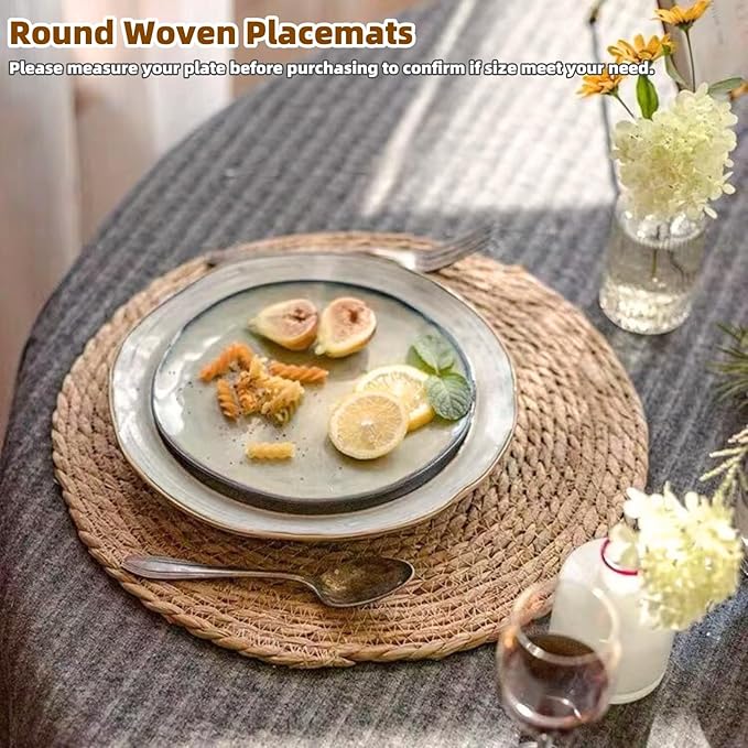 Woven Placemats Set of 10, 13.5" Round Rattan Placemats, Natural Water Hyacinth Place mats, Farmhouse Weave Place Mats, Rustic Braided Wicker Table Mats for Dining Table, Home, Outdoor