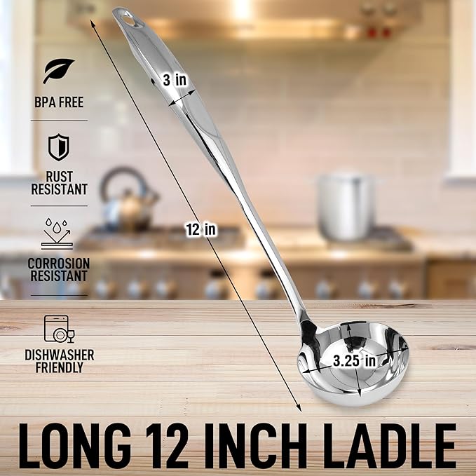 Zulay Kitchen Stainless Steel Soup Ladle - 13” Large Ladle for Soups, Stews & Sauces - Durable, Heat-Resistant, Rust-Proof & Dishwasher Safe Kitchen Utensil with Ergonomic Handle