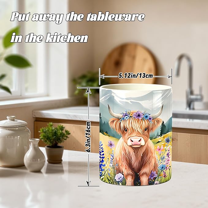 Highland Cow Utensil Holder, Cows Ceramic Kitchen Utensil Holder, Utensil Crock for Home Kitchen Countertop Storage Organizer Container, Large Holder for Spatulas, Spoons, Kitchen Counter Decor, 6"
