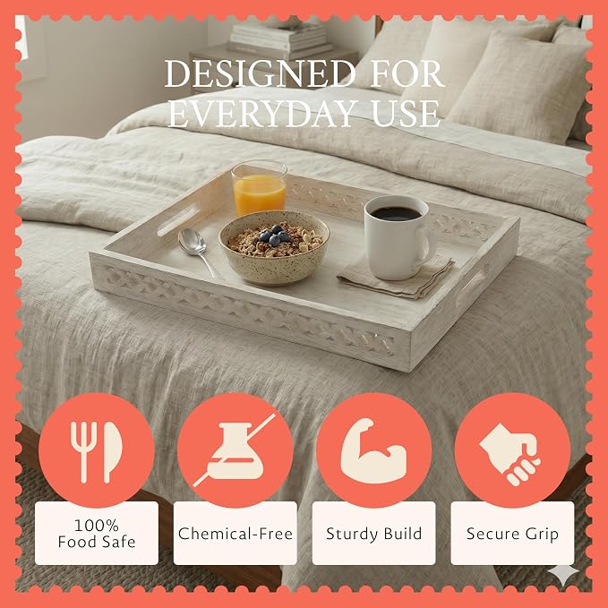 Mela Artisans Trellis Whitewash Mango Wood Serving Tray with Handles – Handcrafted Wooden Tray for Coffee Table, Kitchen Countertop, Snacks & Home Decor – Medium, 16 x 12 x 2.5