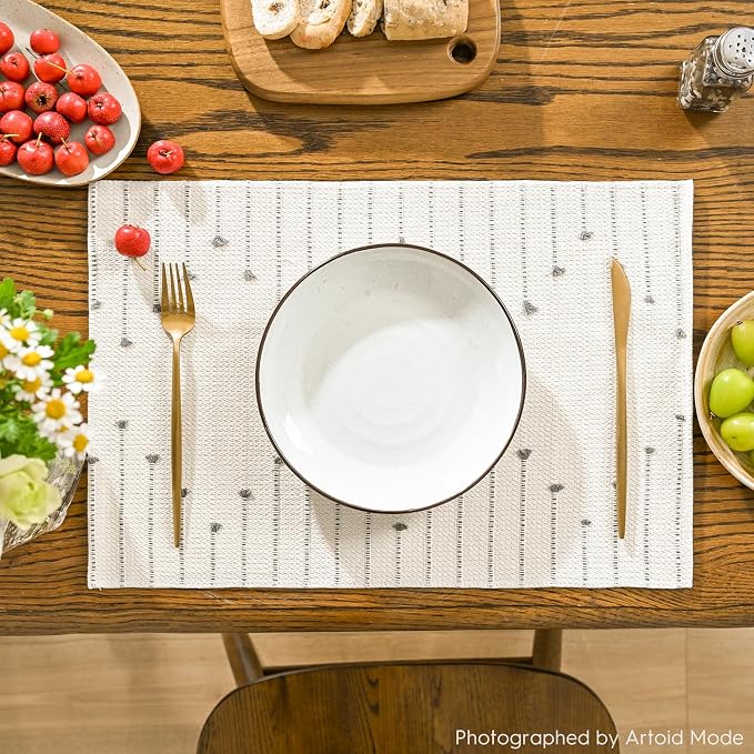 Artoid Mode Light Grey Farmhouse Woven Rustic Placemats Set of 4,12x18 Seasonal Holiday Macrame Burlap Kitchen Dining Table Decoration for Home Party Decor