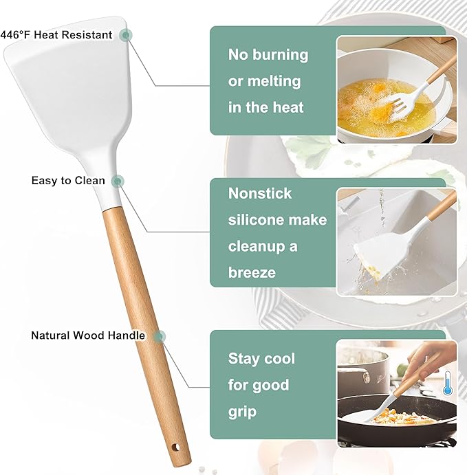 E-far Silicone Cooking Utensils Set, 446℉ Heat Resistant 10PCS Kitchen Utensils Set with Wooden Handle for Nonstick Cookware, Kitchen Tools Spatula Whisk Tongs Ladle, Non-toxic & Healthy, White