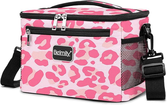BEIMILY Lunch Box for Men/Women,Small Insulated Lunch Bag,Reusable LunchBox for work Picnic,Leakproof Soft Cooler Tote Bag Organizer with Adjustable Shoulder Strap for Adults(Pink Leopard Print)
